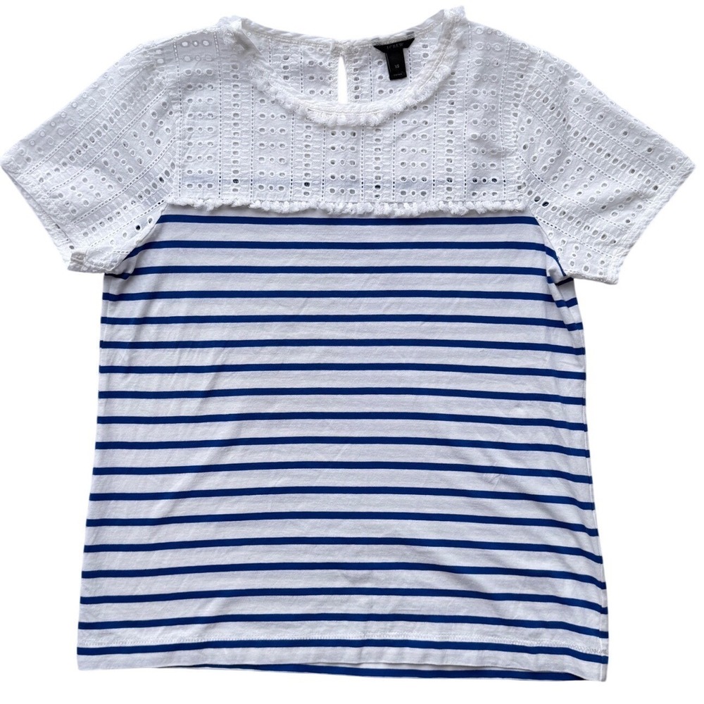 J.Crew Womens XS Mixed Media Eyelet Lace Striped Short Sleeve Top Blue White - Picture 9 of 10